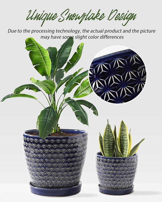 Plant Pots, Flower Pots, Planters for Indoor Plants(6.5+5.5inch), Flower Pots for Indoor Plants with Drainage Hole and Saucer, Ceramic Pots for Plants with Hole Mesh Pad,Reactive Glaze Blue