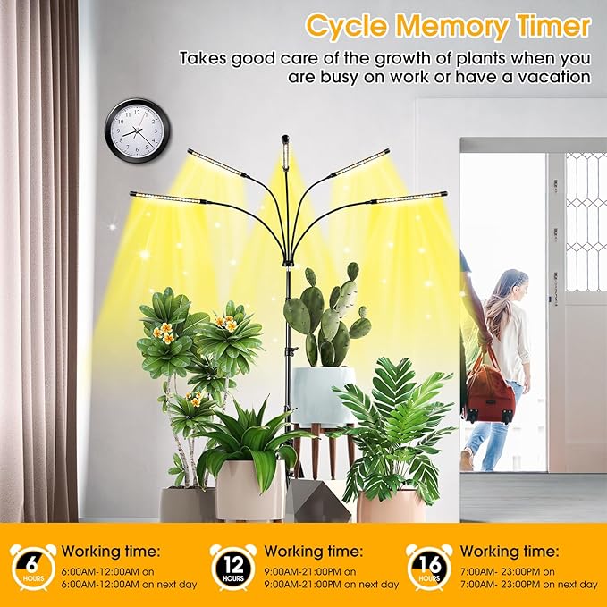 wolezek Grow Lights for Indoor Plants Full Spectrum, LED Grow Light with Adjustable Stand and Sturdy Clip, 5-Heads Plant Grow Lights Indoor with Auto 6/12/16H Timer, 3 Light Modes, 5 Levels Dimmable