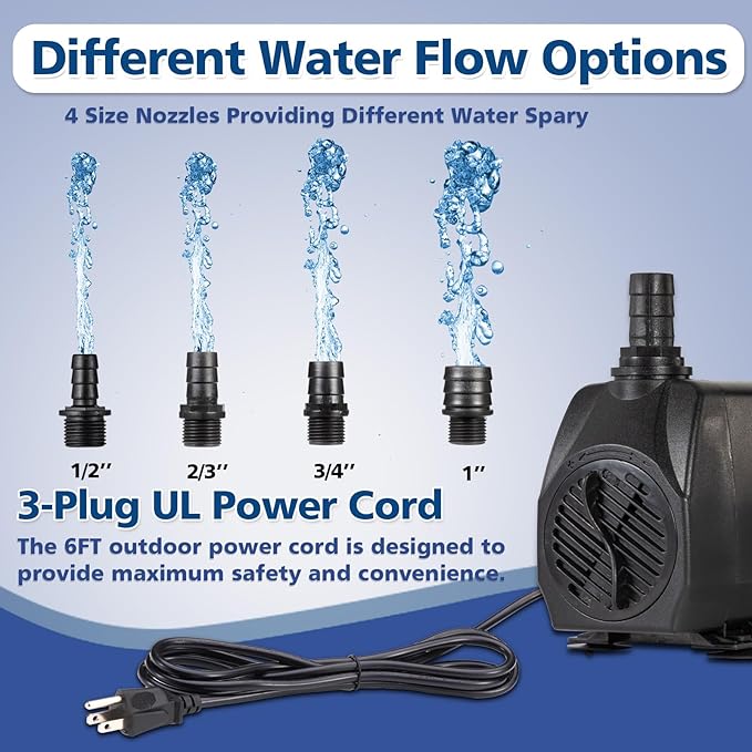 Submersible Water Pump, 800GPH 60W Ultra Quiet Fountain Pump (3000L/H), with 4 Nozzles 10ft High Lift for Aquarium, Fish Tank, Pond, Waterfall, Outdoor, Statuary, Hydroponics