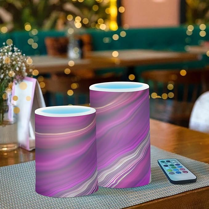 Flickering Flameless Candles, Fuchsia Gold Fluid Marble LED Candles with Remote Timer, Set of 2 Battery Operated Candle for Valentine Wedding Birthday