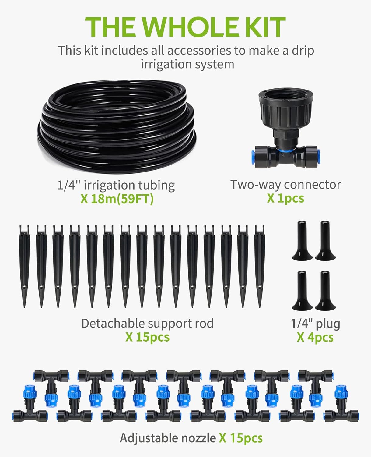 HIRALIY 59FT Greenhouse Misting Drip Irrigation Kit, Hanging Plant Watering, Garden Watering System with 1/4" Blank Tubing and Misting Nozzles, Quick Connector Design Automatic Irrigation System
