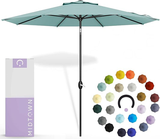 Midtown Umbrellas 10-Year-No-Fade - 9 Ft - UV Proof Seawater Aqua Polyester Fabric - Umbrella Outdoor Patio, Auto-Tilt Aluminum Frame Patio Umbrella for Garden, Pool & Deck - Black Pole