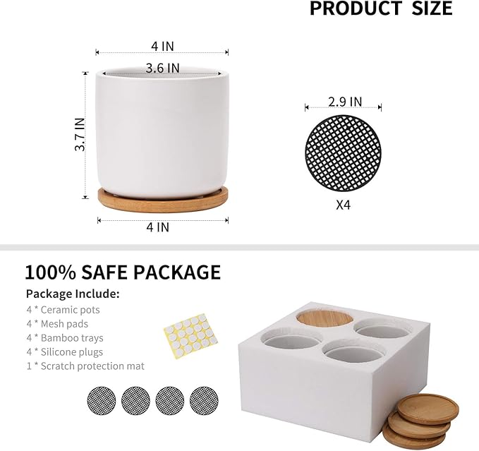 OMAYKEY 4 Inch Ceramic Plant Pot with Saucer, White Planters Pots with Drainage Hole and Mesh Pads for Succulent, Snake, Cactus, Herbs - 4 Packs(Plant Not Included)