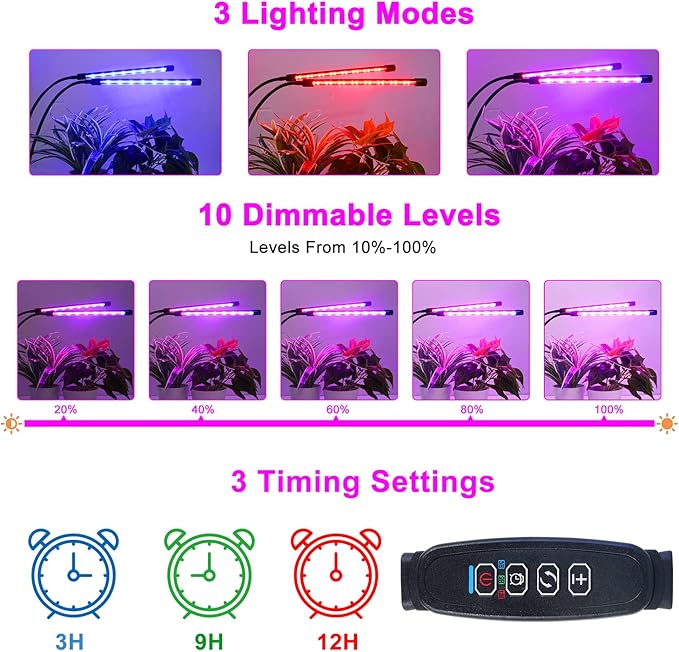 Grow Lights for Indoor Plants, Full Spectrum LED Plant Lamps with Clips and 3m Cables for Seeding Growing(2 Pack)