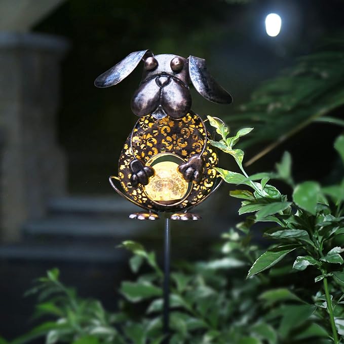KAIXOXIN Garden Solar Lights Metal Dog Crackle Glass Globe Stake Light,Waterproof Warm White LED Solar Path Lights (Dog-Bronze)