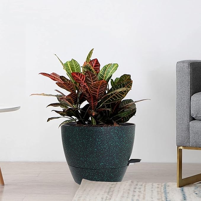 Large Self Watering Pots, 12/10/9 Plastic Planters with High Drainage Holes and Deep Reservoir for Indoor Outdoor Garden Plants and Flowers, Black with Green Speckles