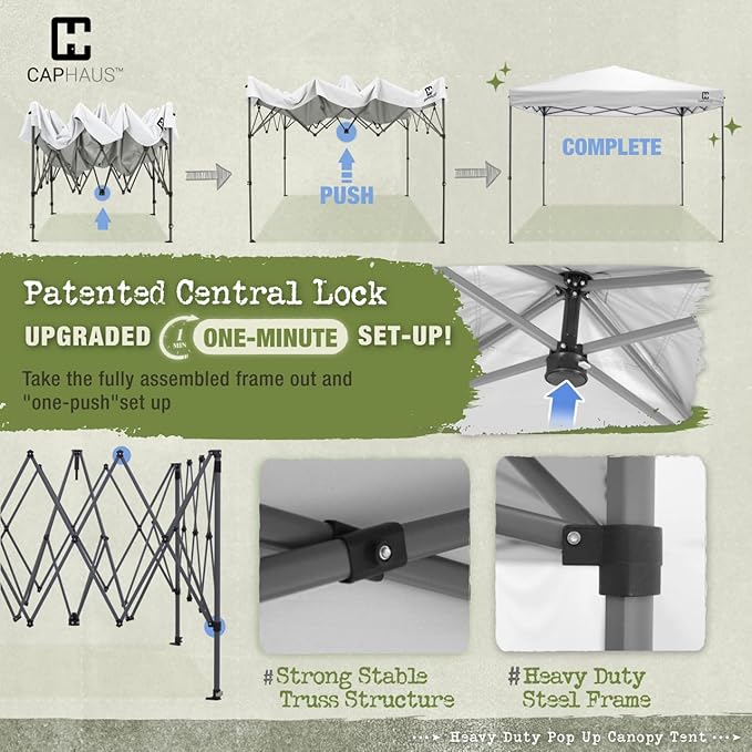 CAPHAUS 12ft x 12ft Patented One-Push Pop Up Outdoor Canopy Tent, Heavy-Duty Commercial Grade w/Central Lock, Portable and Instant Folding Shelter with Wheeled Carry Bag and Weight Bag, Dark Grey
