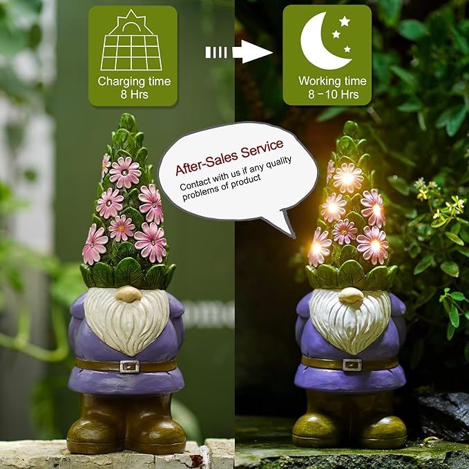 Nacome Solar Garden Outdoor Statues Gnome with Succulent and 7 LED Lights - Lawn Decor for Patio, Balcony, Yard Ornament - Unique Housewarming Gifts