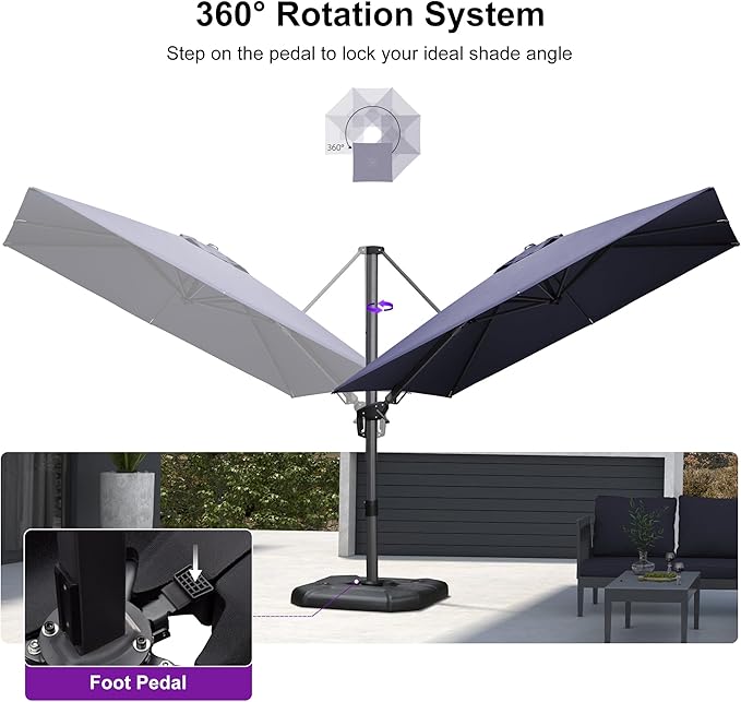 PURPLE LEAF 8.8' X 8.8' Right-left Tilt Patio Umbrella with Base Outdoor Cantilever Swivel Square Umbrella with Tilt Aluminum Offset Umbrella with 360-degree Rotation for Garden Deck Pool Patio Navy