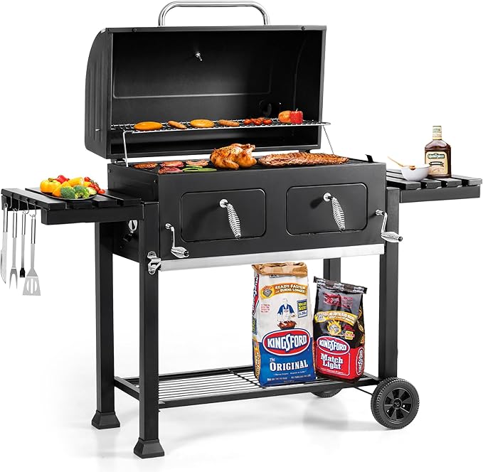 GREEN PARTY Barrel Charcoal Grill with Side Tables, 794 Square Inches Cooking Space, Large Charcoal BBQ Grill with 2 Height-Adjustable Charcoal Pans for Outdoor Backyard Patio Picnic Parties Camping