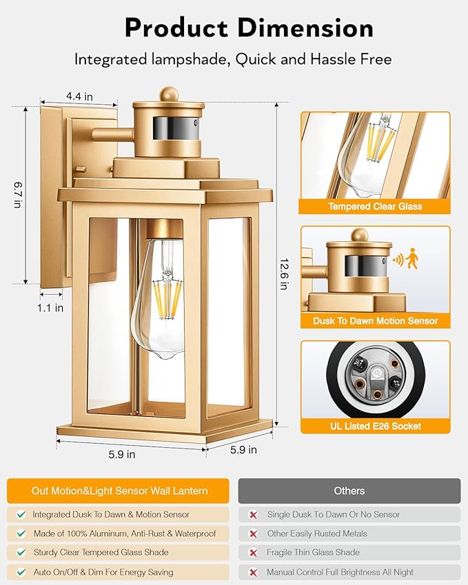 VIANIS Motion Sensor Exterior Lights for House, Dusk to Dawn Outdoor Light Fixture Lantern, Gold Waterproof Outdoor Motion Sensor Light for House, Doorway, Entryway, Garden, Hardwired, Non-Solar