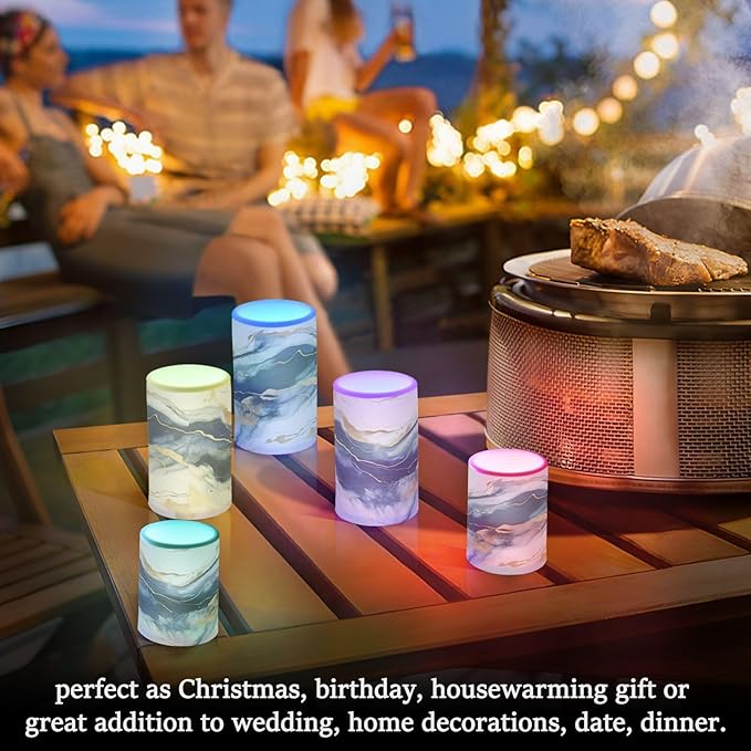 Flickering Flameless Candles, Drak Blue Golden Marble LED Candles with Remote Timer, Set of 2 Battery Operated Candle for Valentine Wedding Birthday