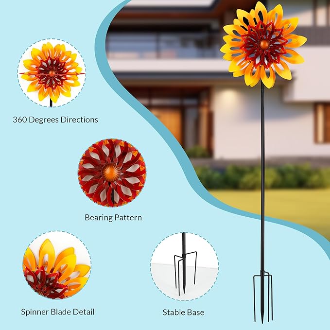 Sunflower Wind Spinners, 360 Degrees Swivel Metal Wind Sculptures, 62" Garden Pinwheels for Yard Lawn Patio Decor