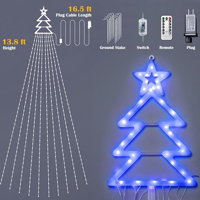 Outdoor Christmas Decorations Star String Lights 420 LED Waterproof Waterfall Lights with Christmas Tree Topper, 8 Lighting Modes Tree for Yard Patio Garden Party (Blue)