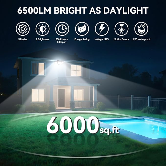 65W LED Flood Lights Outdoor, 6500LM, Waterproof, 6500K Motion Sensor Flood Lights Outdoor with Adjustable 3 Head Detected Floodlight for Outside Entryway Garage, Yard, Porch
