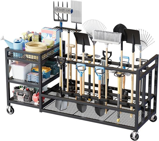 Garden Tool Organizer with Wheels-Movable Garden Tool Rack with Storage Hooks for Long-Handled Tools/Rakes/Brooms/Shovels,Heavy Duty Metal Garden Tool Storage for Garage,Shed,Garden,Black