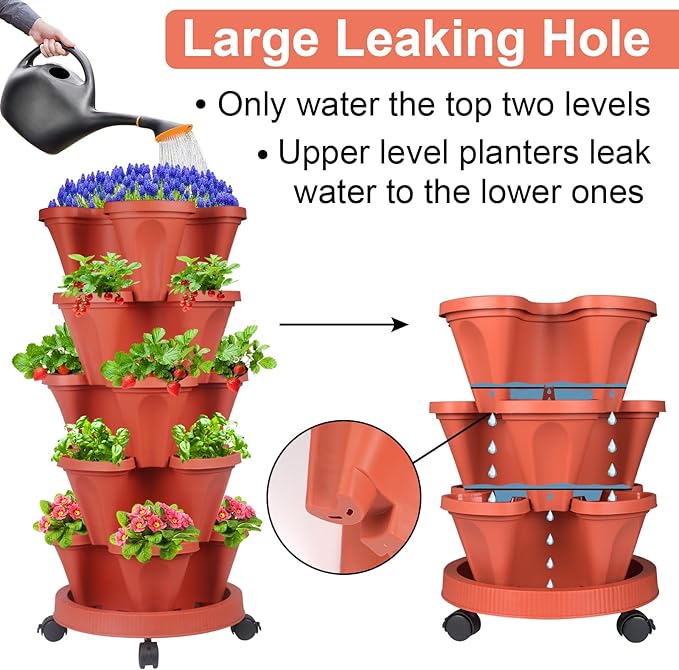 DUNCHATY Stackable Planters 5 Tier Vertical Garden Planting Tower Planters Strawberry, Herb, Flower, and Vegetable Planter Indoor Outdoor Gardening Pots with Removable Wheels and Tools