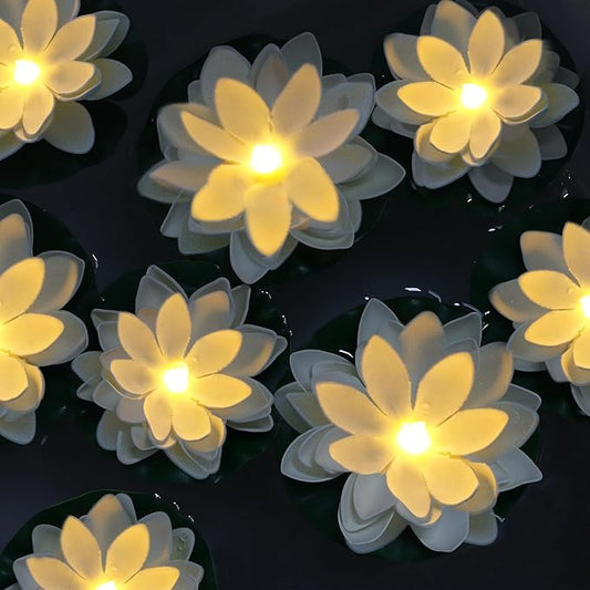 12 PCS Diwali Waterproof Floating Lotus Light - Floating Flower Light Battery Operated Water Activated Warm White Pool Flower Lamp Wedding,Anniversary,Garden Decoration(6Inch & 5Inch)
