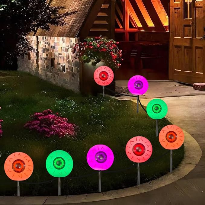 Outdoor Halloween Decorations Pathway Lights, 7Ft Halloween Eyeballs Pathway Markers String Lights Waterproof with 4 LED Scary Eyeballs Halloween Stakes Lights for Outdoor Walkway Yard Lawn Garden