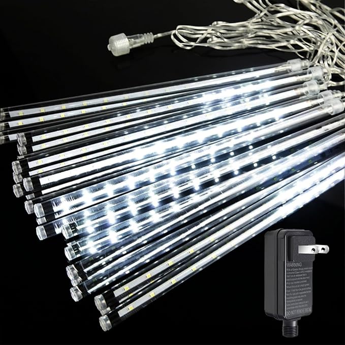 Meteor Shower Lights Christmas Lights Outdoor 24-Tube 576LEDs Snow Falling Rain Cascading Icicle Lights for Xmas Tree Christmas Decorations Wedding Party Holiday Garden Decor, UL Plug White