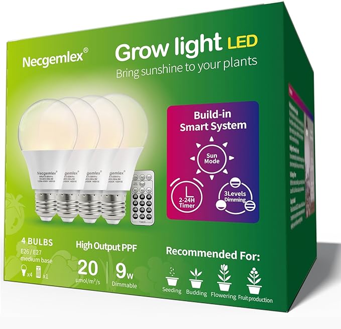 Smart LED Grow Light Bulbs with Remote Controller, Sun Simulation Mode, Built-in Auto Timer, A21/A70 E26/E27 9W Dimmable Full Spectrum Intelligent Plant Grow Bulbs for Indoor Plants, 4 Pack