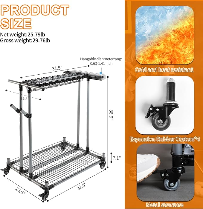 Garden Tool Storage Rack with Wheels Heavy-Duty Organizer for Garage, Yard, and Garden Tools