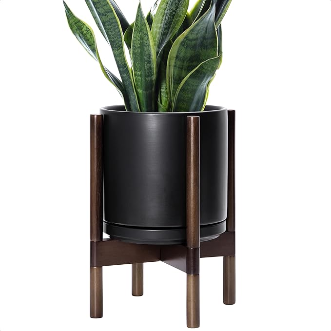 D'vine Dev Ceramic Planter with Walnut Color Stand - 10 Inch Modern Round Flower Pot with Wood Planter Holder, Black, 55-B-X-2