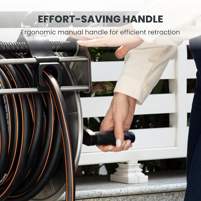 Giraffe Tools Stainless Steel Garden Hose Reel with 5/8" x 100 ft Heavy Duty Hose, Wall/Floor Mounted Metal Water Hose Reel with Crank Handle