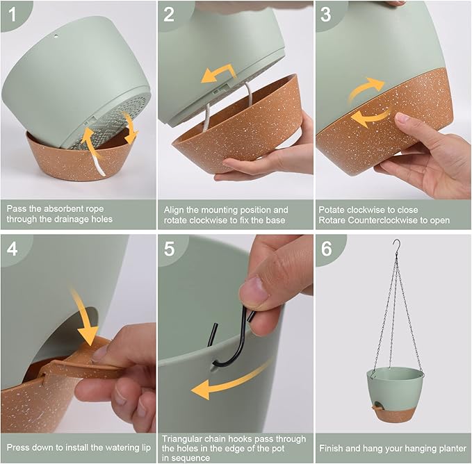 Hanging Planters for Indoor Outdoor Plants, 2 Pack Self Watering Hanging Pot with Drainage Holes & Removable Tray (Green, 6'')