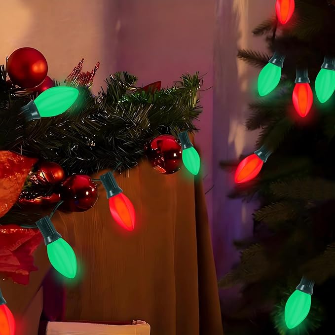 C7 LED Red and Green Christmas Lights, 25Ft Outdoor Christmas String Lights with 27 LED Red and Green Plastic Bulbs, Vintage Christmas Lighst for Outside Patio Backyard Tree Cafe Party House Decor