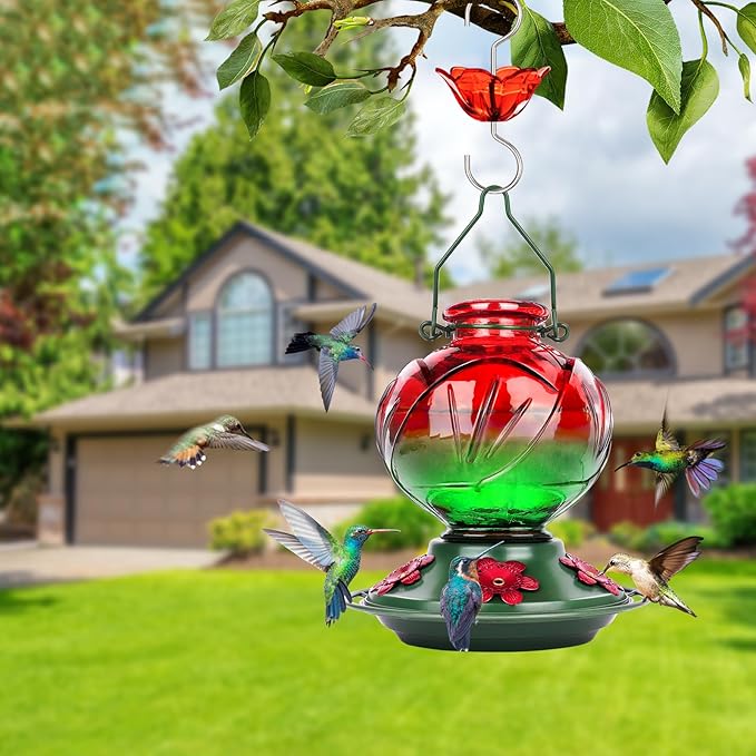 BOLITE Hummingbird Feeder, Glass Hummingbird Feeders for Outdoors Hanging, 22 Ounce, Five Feeding Ports with Perch, Peony Flower Shape, Red and Green, Gifts for Women Men, Gifts for Mom Dad