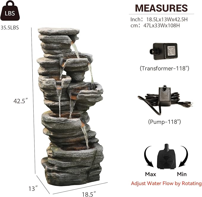 42.5" H Garden Outdoor Water Fountain with LED Lights & Pump, Mutiply-Tier Cascading Outdoor Fountain for Garden,Patio,Porch,Backyard,Home Art Decor