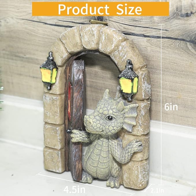 Dragon Garden Ornament Resin Craft Ornament Statue Fairy Door Yard Art Outdoor and Garden Solar Light Luminous Sand Open Door Dragon Wall Statue Outdoors Decor (Open The Door)