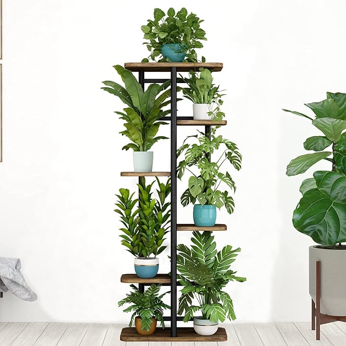 LINZINAR Plant Stand 6 Tier 7 Plant Multiple Flower Rack Holder Shelves Rack Storage Organizer Display Indoor Planter for Balcony Bedroom Patio Garden Living Room, Black