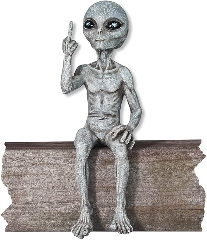 Rude Alien Statue “Flipping The Bird” 10″ H Shelf Sitter Extraterrestrial Figurine Funny Home or Garden Decoration (Alien Gray)