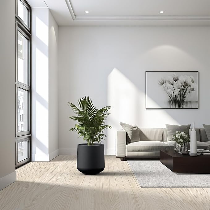 Kante 15.3" Dia Round Concrete Planter, Outdoor Indoor Large Plant Pots Containers with Drainage Hole and Rubber Plug for Home Garden Patio, Black