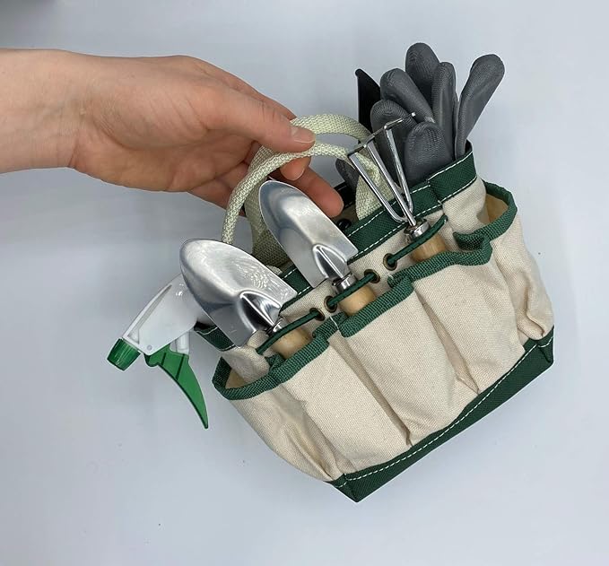 RyKing Small Garden Tool Set, 8 Piece Gardening Balcony Mini Kit Bag, Trowel Transplanter Hand Rake Pruner Snips Shovel Gloves Watering Spray, Stainless Steel Wooden Handles, Gift for Woman Men Kids