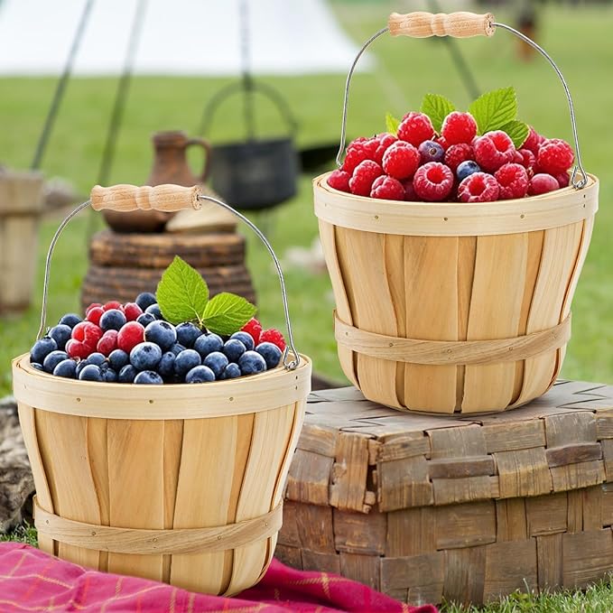 Okllen 2 Pack Round Wooden Baskets with Handle, Empty Wood Fruit Buckets, Easter Basket Fall Harvest Basket for Display Fruits Vegetables, Home Garden and Party Supplies, Natural Color