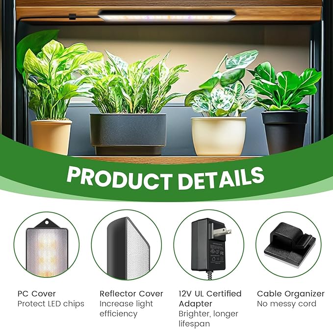 Wolezek Grow Lights for Indoor Plants, 210 LEDs Full Spectrum Plant Grow Light Strips with Upgared 4/8/12/16H Auto Timer, 13.8 Inches Bright Grow Lamp Bar for Plant Shelves and Cabinet, 2 Pack