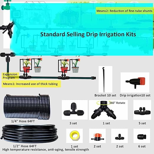 Drip Irrigation System Drip Irrigation Kit 64ft 5/16“ID Inche 64FT 1/4 Inch OD Pipe Kits Solutions for Large Gardens with Low Water Pressure Away from The Water Source