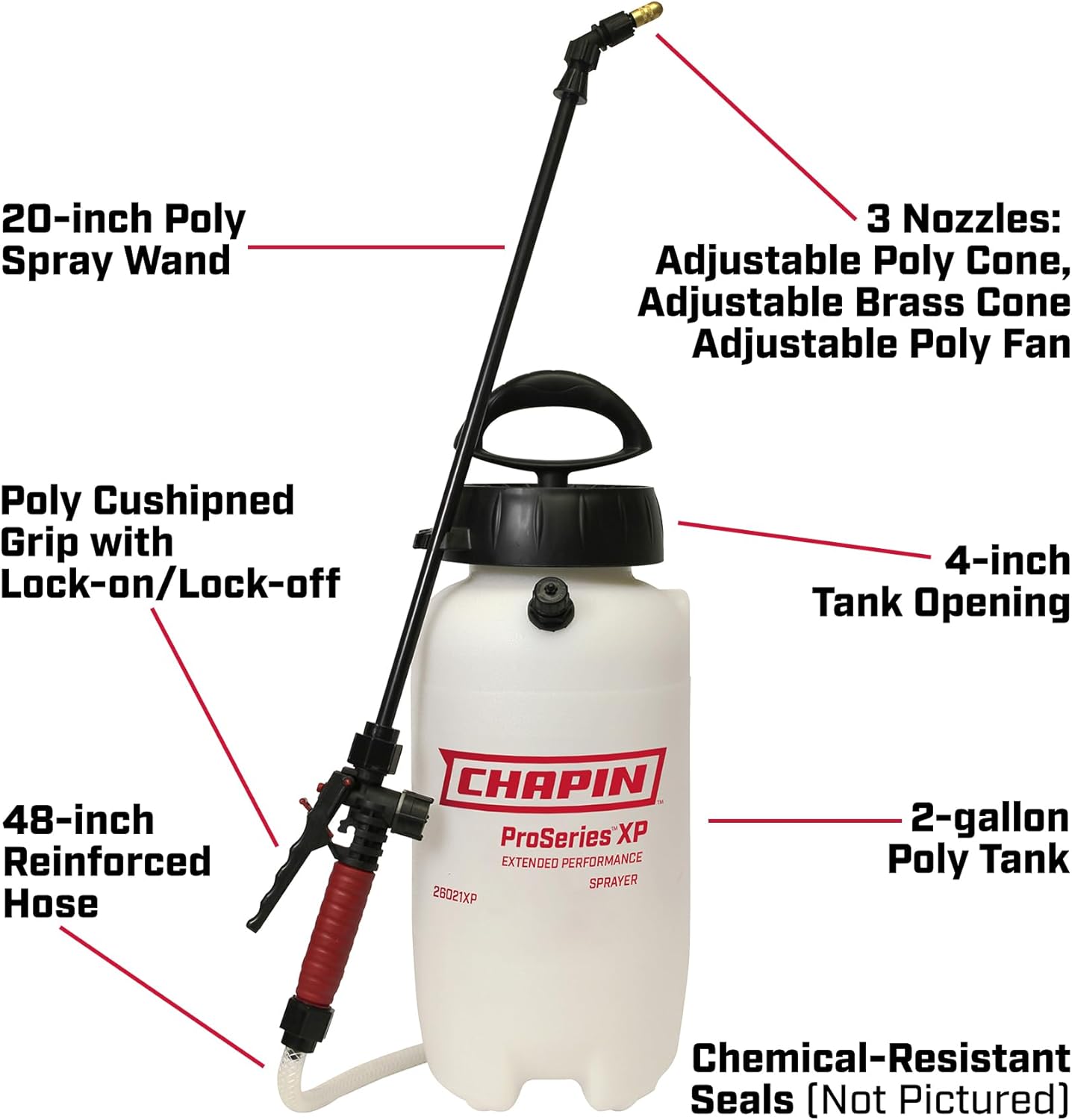 Chapin 26021XP Made in USA 2-Gallon Heavy-Duty Compression Sprayer for Professional Use, with 3 nozzles -one Brass, Pressure Relief Valve, Comfort Grip Handle, Translucent White