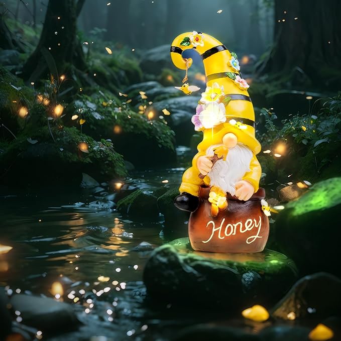 13" Garden Solar Spring Gnomes Statues Outdoor Spring Decor with LED Lighted Bee and Flowers Funny Garden Sculpture for Patio Yard Lawn Decorations Gifts
