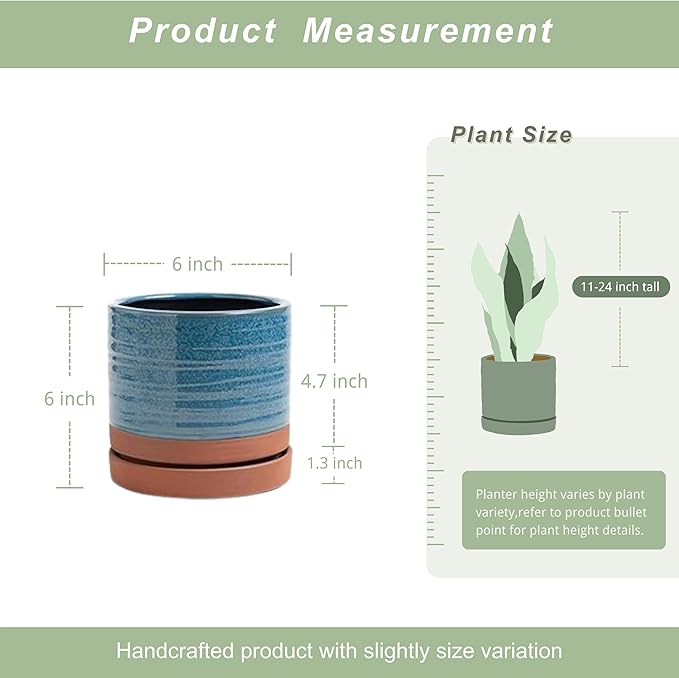 6 Inch Plant Pots, Ceramic Planter Pot with Drainage Hole & Saucer, Indoor/Outdoor Cylinder Round Planter Pot, Aqua Blue & Terracotta Red