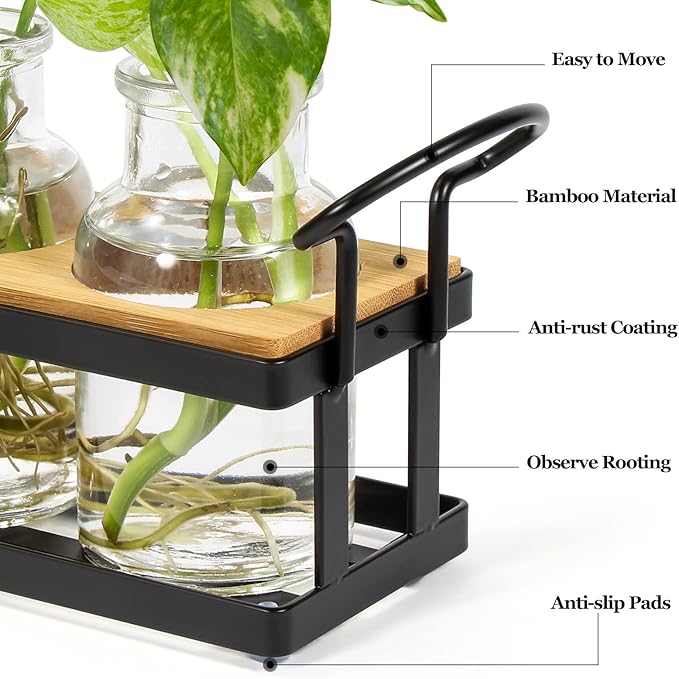 THYGIFTREE Plant Propagation Stations with Metal Stand, Tabletop Plant Terrarium for Propagating Hydroponic, Retro Glass Planter Flower Vase Home Kitchen Office Decor, Plant Lover Gifts, 5 Jars