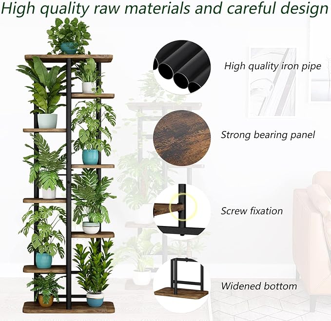 LINZINAR Plant Stand 8 Tier 9 Potted Multiple Flower Pot Holder Shelf Indoor Outdoor Planter Rack Storage Organizer for Patio Garden Corner Balcony Living Room (8 Tier-9 Potted, Black)