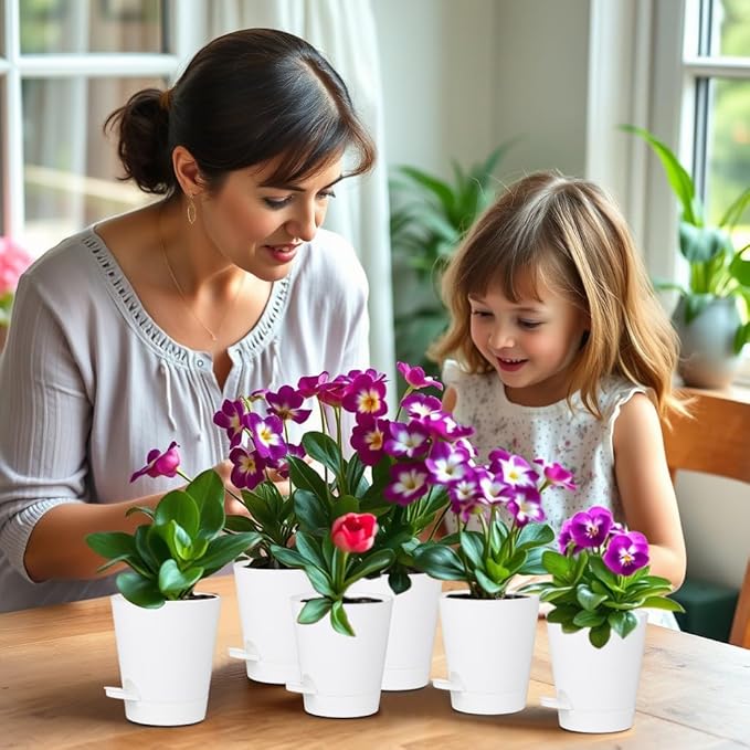 12 Pack 4 Inch Self Watering Plant Pots with Drainage and Saucers，Plastic Flower Pots for Indoor and Outdoor Plants, Nursery Planters for Houseplants and Herbs White, 4 inch 12pcs