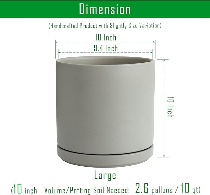 D'vine Dev 10 Inch Ceramic Planter Pot with Drainage Hole and Saucer, Indoor Cylinder Round Planter Pot, Grey, 94-O-E-3