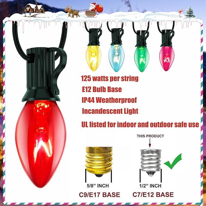 C7 Christmas Lights Outdoor, 25Ft Vintage Christmas String Lights with 27 Multicolor Clear Bulbs, Hanging Christmas Decorations Lights for Outdoor Indoor Roofline House Garden Patio Party Holiday