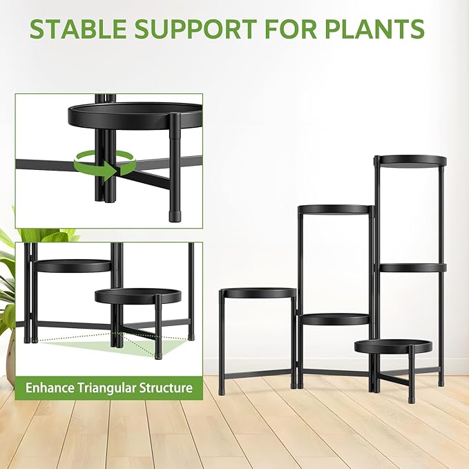 iDavosic.ly 6 Tier Large Plant Stand Indoor with 10 Inch Wide Tray, Tiered Corner Metal Outdoor Flower Display Holder Shelf, Folding Tall Rack for Patio Porch Living Room, Modern Black