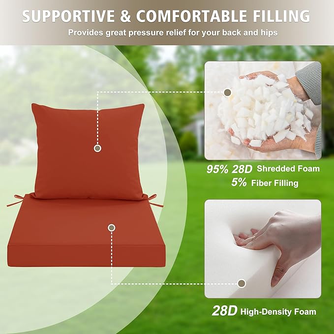 24x24 Inch Outdoor Cushions for Patio Furniture Set of 2, Waterproof Outdoor Chair Cushions w/Fade-Resistant, Removable & Machine-Washable Covers, Deep Seat Sofa/Couch Pad Replacement, Rust